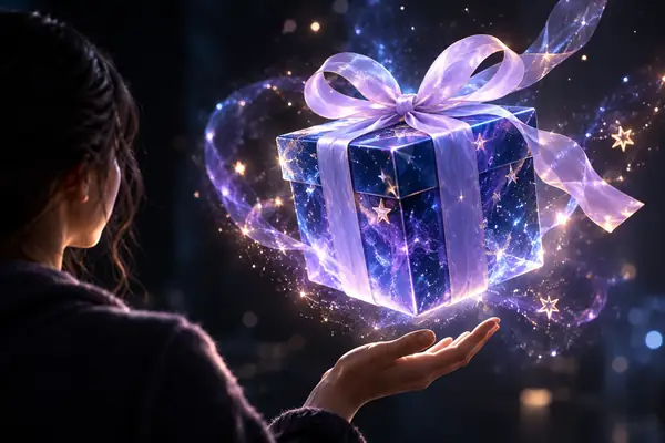 Un élégant coffret cadeau 3D bleu et violet, orné d’un ruban lavande doux et de petites étoiles, flottant sur un fond de studio sombre.