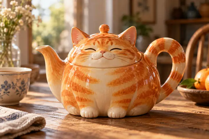 Une théière fantaisiste en céramique émaillée en forme de chat orange, photographiée seule comme un modèle de produit 3D sous une lumière douce.