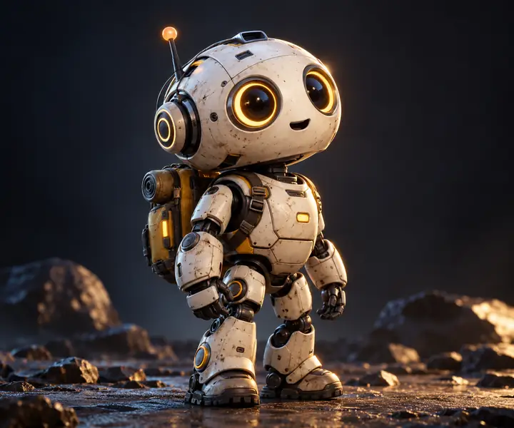 Un charmant robot explorateur aux formes arrondies, avec des yeux circulaires et un petit sac à dos, représenté en pied comme un personnage 3D sur un fond de studio sombre.