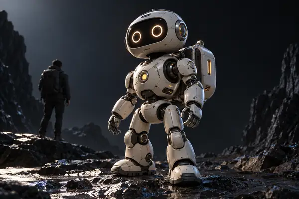 Un sympathique robot explorateur aux formes arrondies, avec des yeux circulaires, des bras articulés et un sac à dos compact, présenté en pied comme un modèle 3D gris raffiné dans une visionneuse de studio sombre.