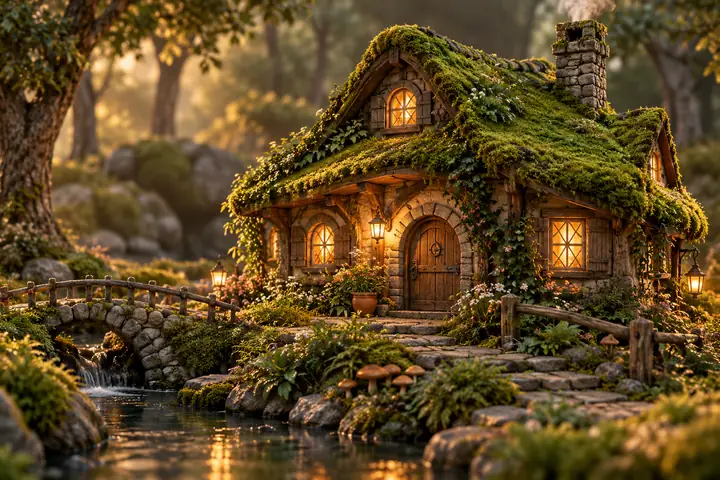 Une petite maison forestière au toit couvert de mousse et aux fenêtres lumineuses, présentée comme un modèle 3D soigné sous un éclairage de studio doux.
