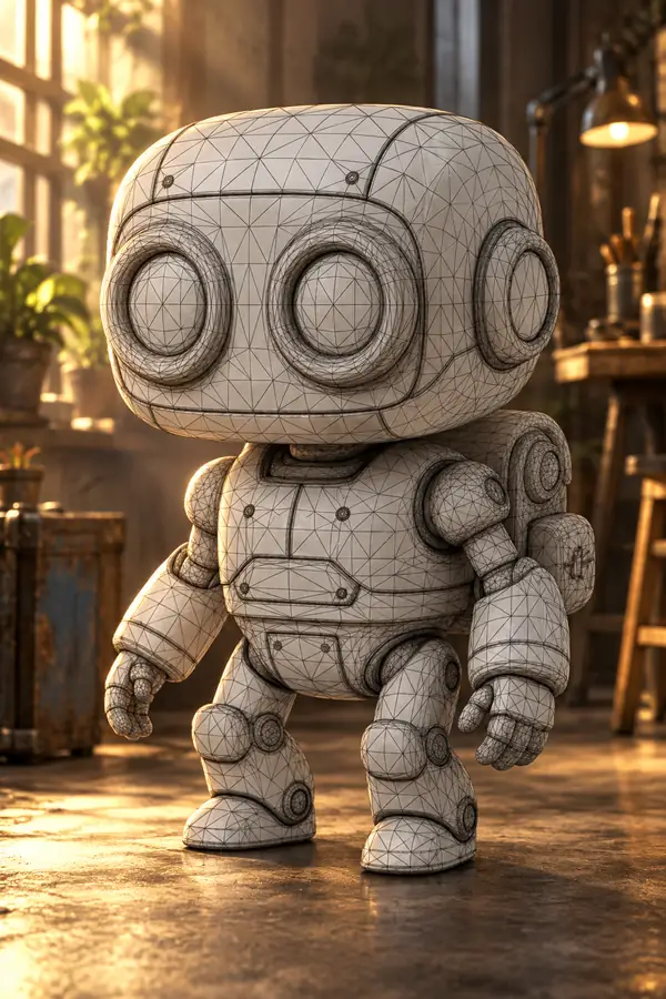 Un robot 3D aux formes arrondies présenté en pied, avec un maillage filaire triangulaire dense sur la tête, le torse, les bras et les jambes.