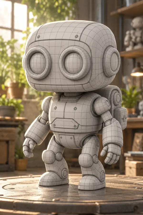 Un robot 3D aux formes arrondies présenté en pied, avec un maillage filaire régulier composé de quadrilatères sur la tête, le torse, les bras et les jambes.