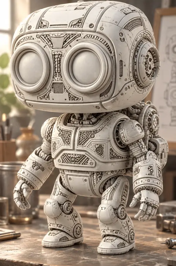 Un robot 3D aux formes arrondies avec un maillage visible très dense, présenté comme l’option la plus détaillée dans une comparaison de qualité.