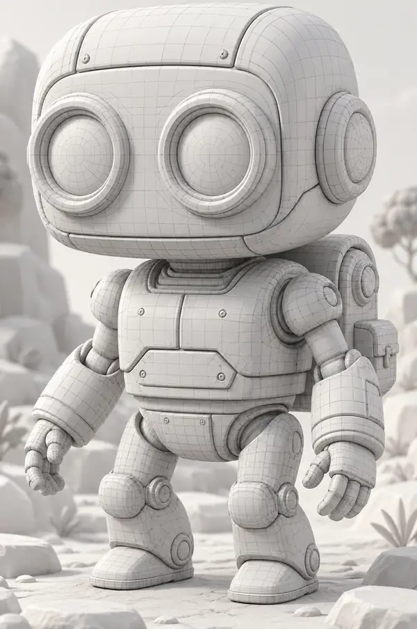 Un robot 3D aux formes arrondies avec un maillage visible plus détaillé, vu de face pour être comparé à d’autres niveaux de qualité.