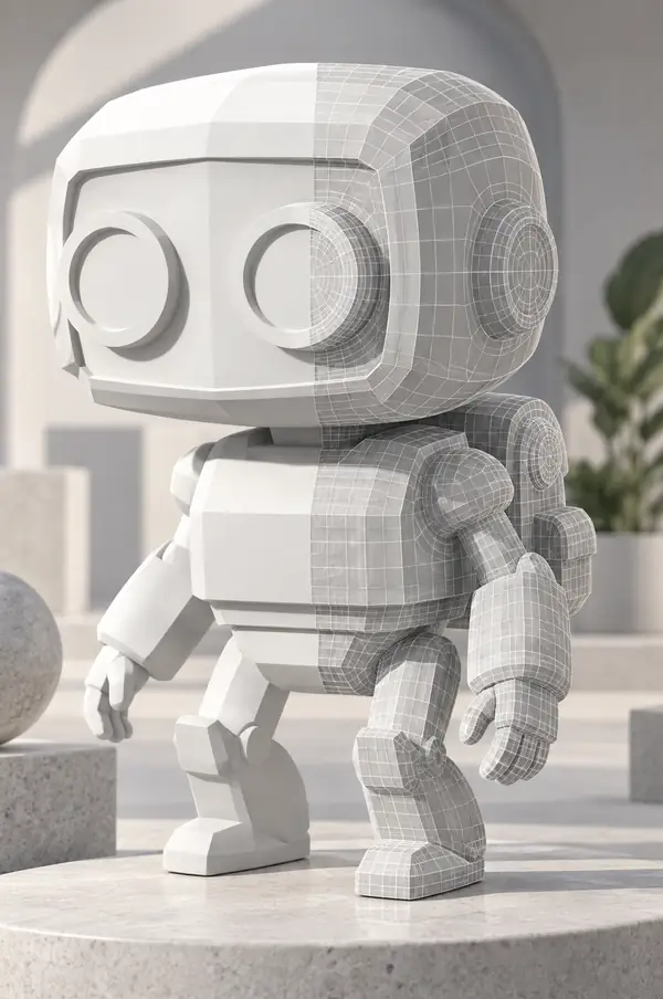 Un robot 3D aux formes arrondies avec un maillage visible de densité standard, vu de face dans une comparaison de qualité des modèles.