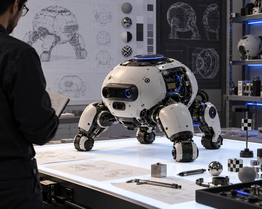 Illustration of a rounded robot with visible structural detail